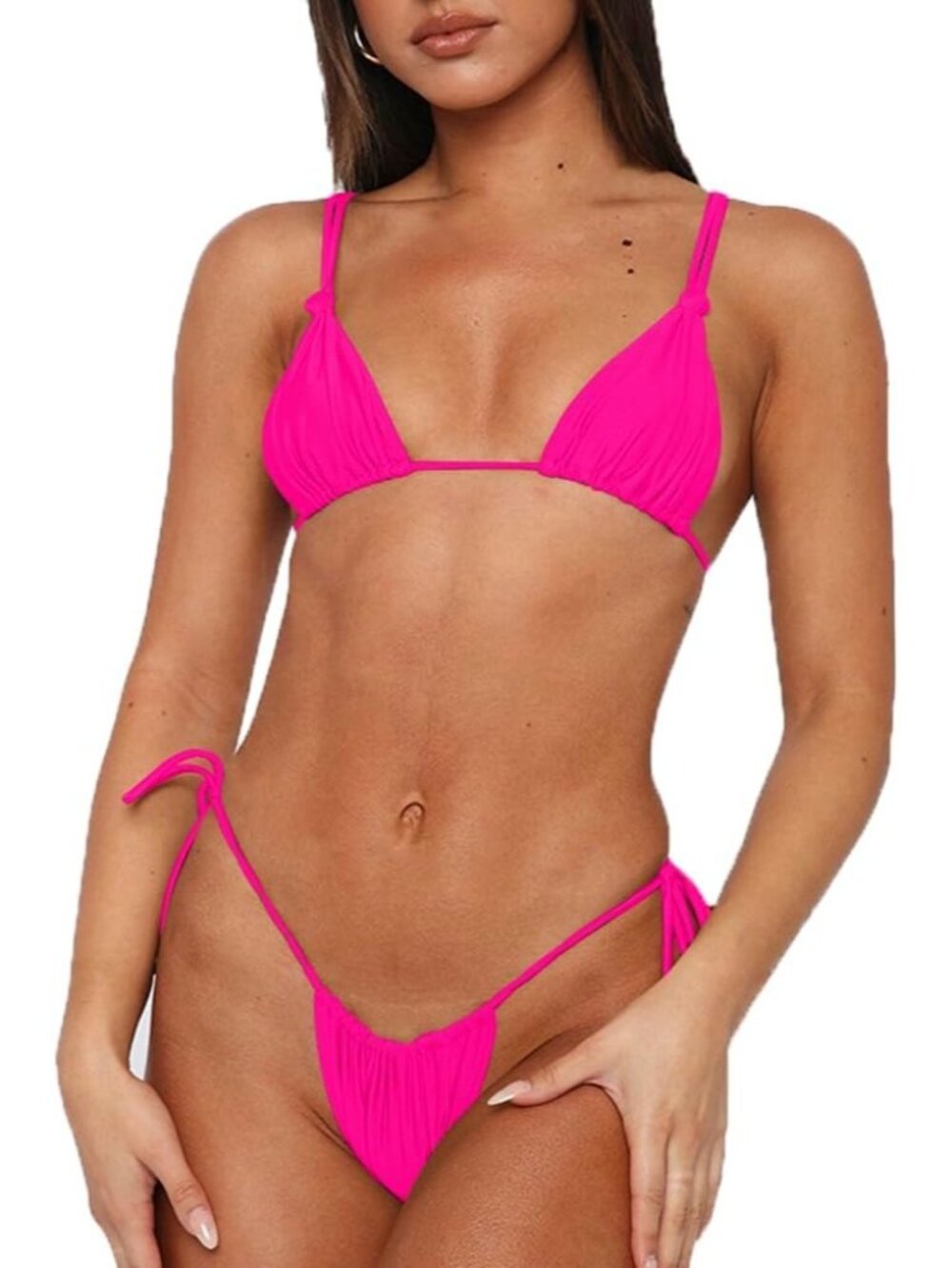 Women's Neon Rose Red Adjustable Shoulder Strap Sexy Bikini Two Piece Swimsuits